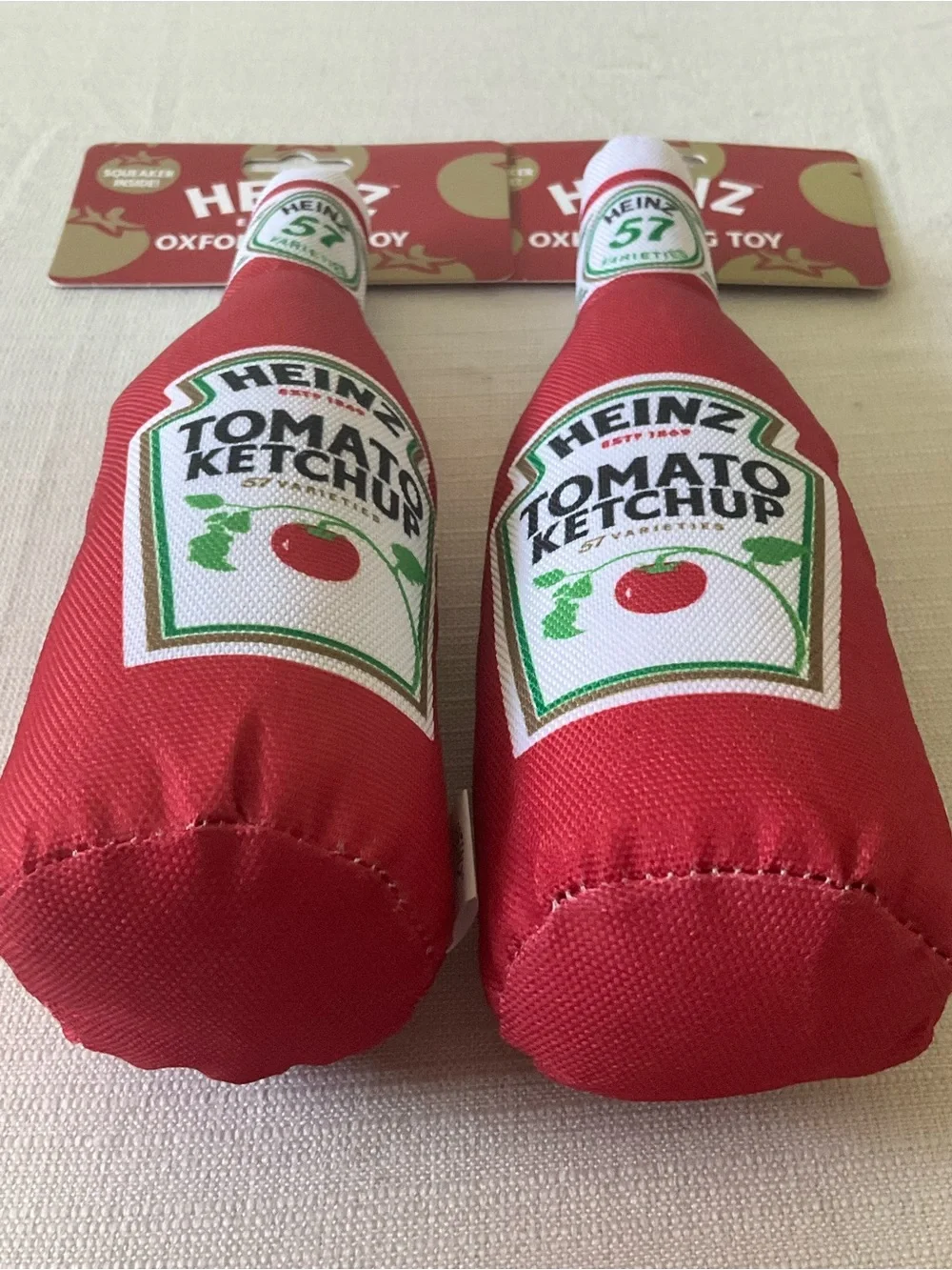 NWT HEINZ 2pc Set Red Tomato Ketchup Bottle Plush Oxford Crinkle Sound Dog Toy